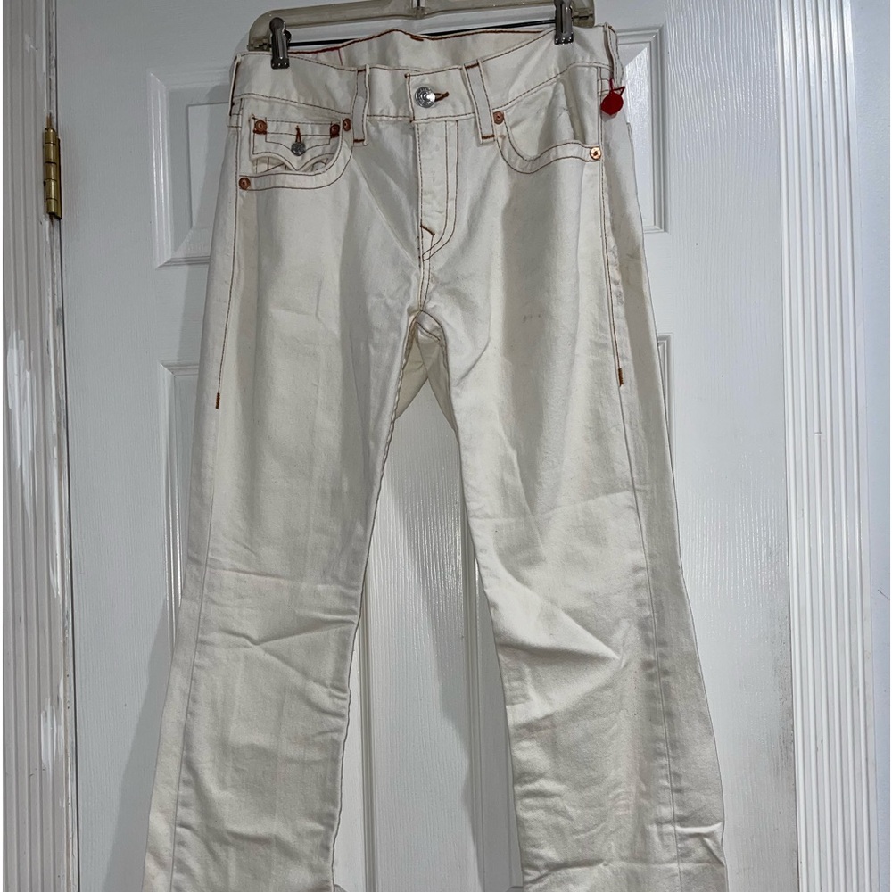 True Religious Mens off white straight flap red orange jeans